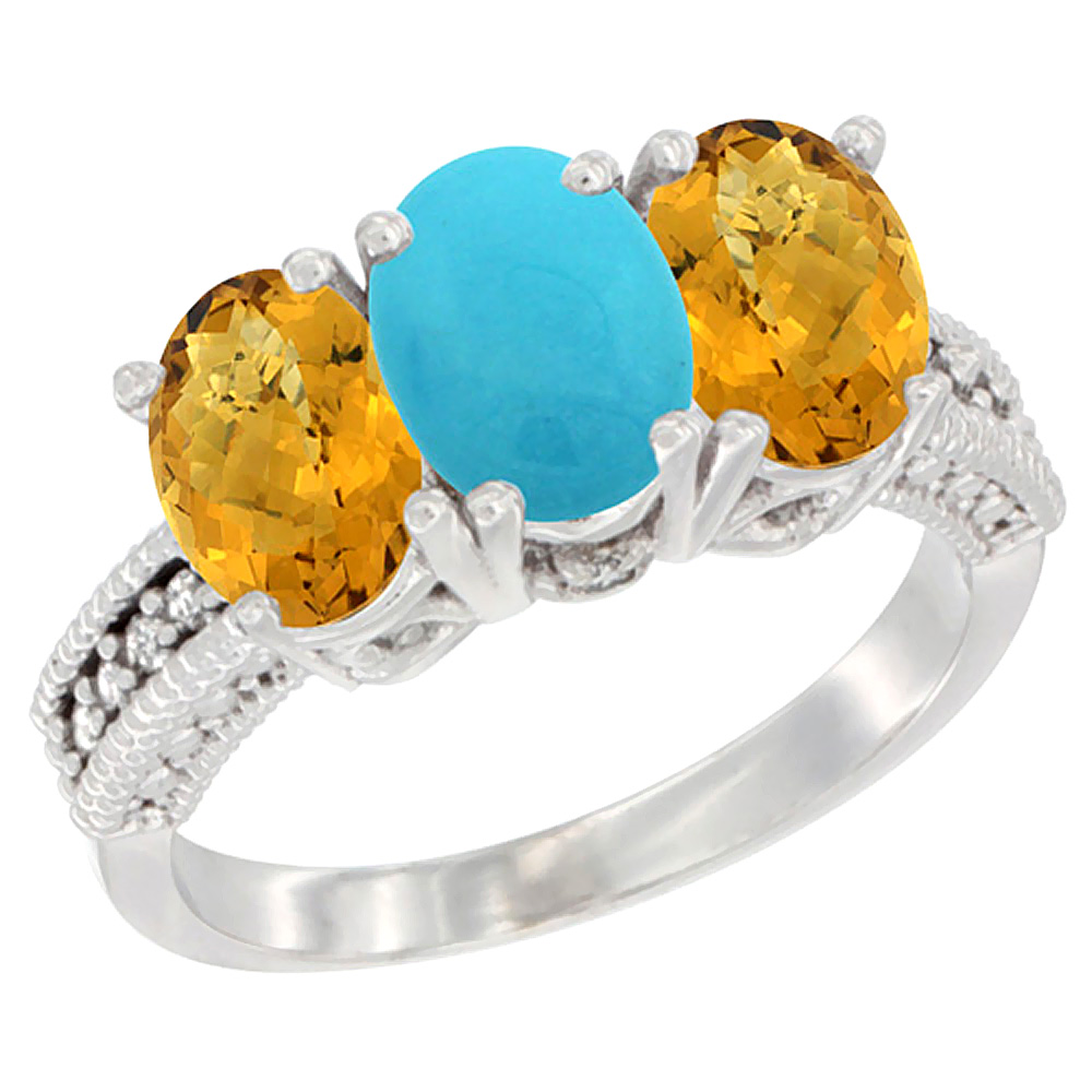 10K White Gold Diamond Natural Turquoise &amp; Whisky Quartz Ring 3-Stone 7x5 mm Oval, sizes 5 - 10