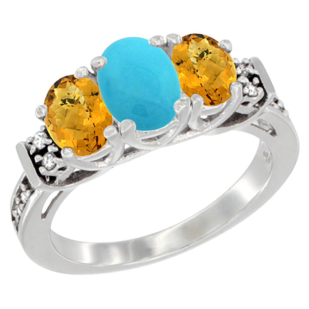 14K White Gold Natural Turquoise & Whisky Quartz Ring 3-Stone Oval Diamond Accent, sizes 5-10