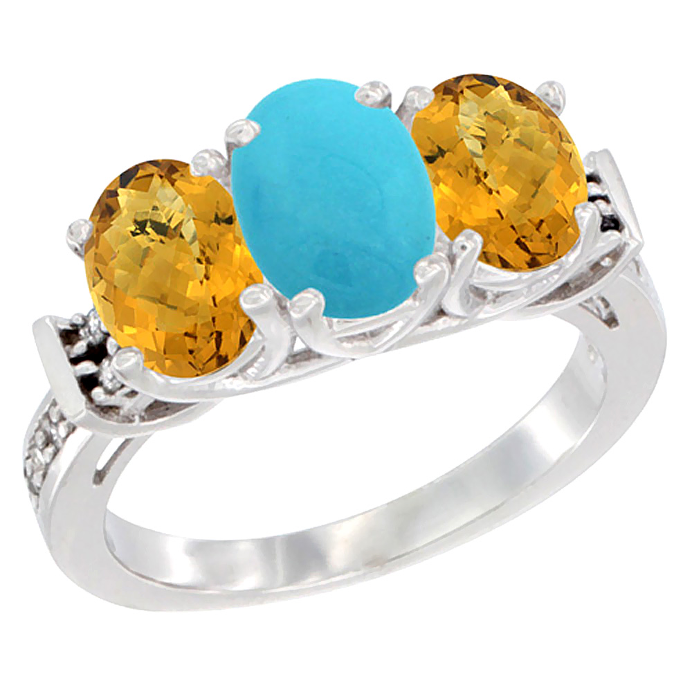 14K White Gold Natural Turquoise & Whisky Quartz Sides Ring 3-Stone Oval Diamond Accent, sizes 5 - 10