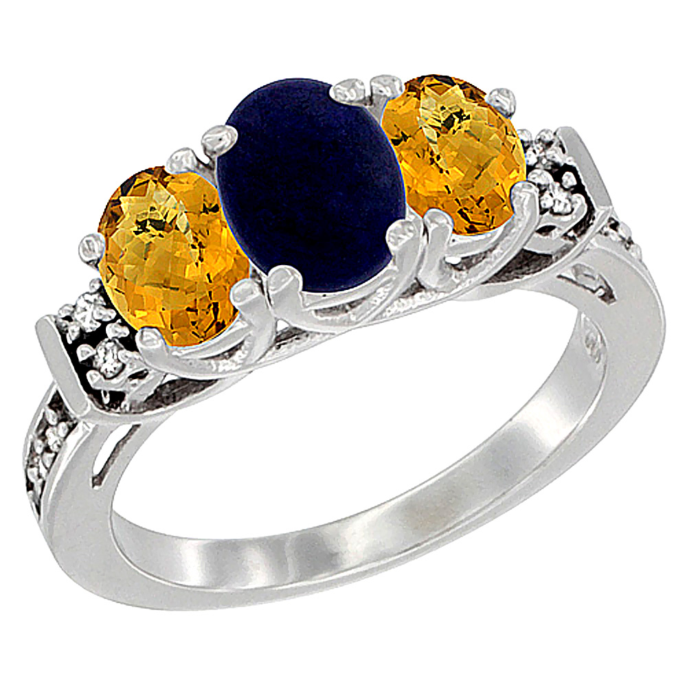 10K White Gold Natural Lapis & Whisky Quartz Ring 3-Stone Oval Diamond Accent, sizes 5-10