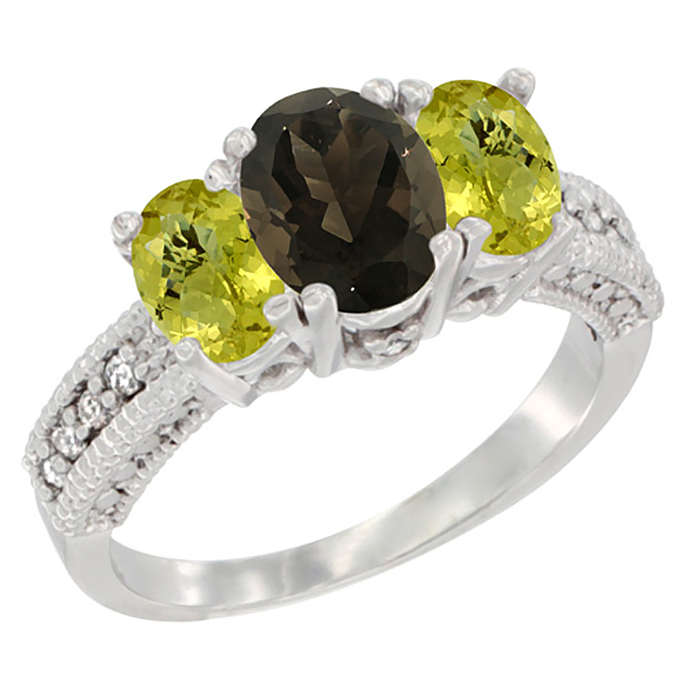 10K White Gold Diamond Natural Smoky Topaz Ring Oval 3-stone with Lemon Quartz, sizes 5 - 10