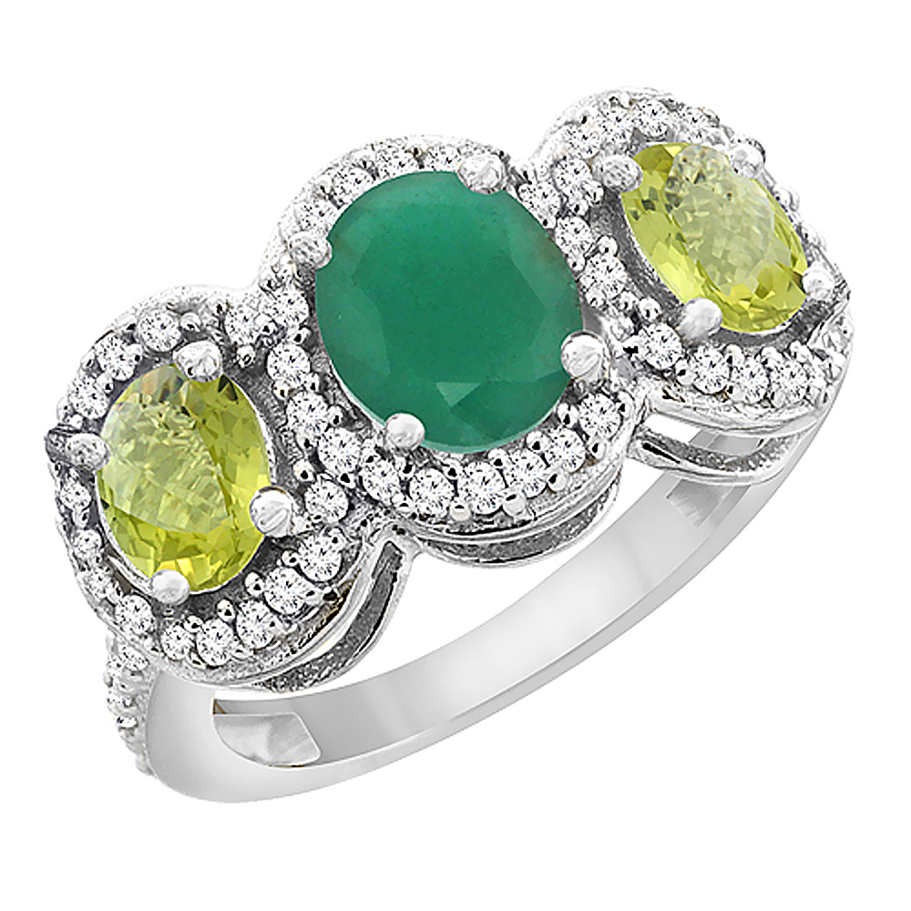 10K White Gold Natural Cabochon Emerald & Lemon Quartz 3-Stone Ring Oval Diamond Accent, sizes 5 - 10