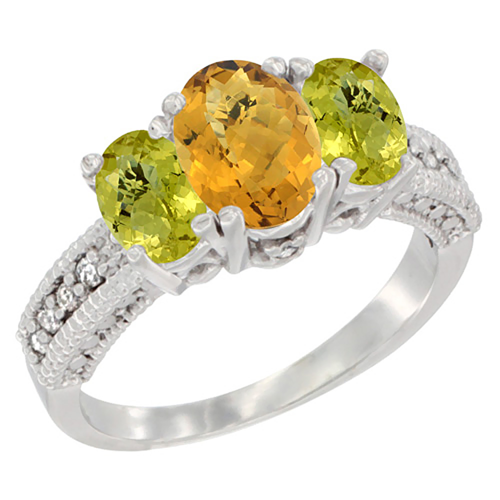 10K White Gold Diamond Natural Whisky Quartz Ring Oval 3-stone with Lemon Quartz, sizes 5 - 10