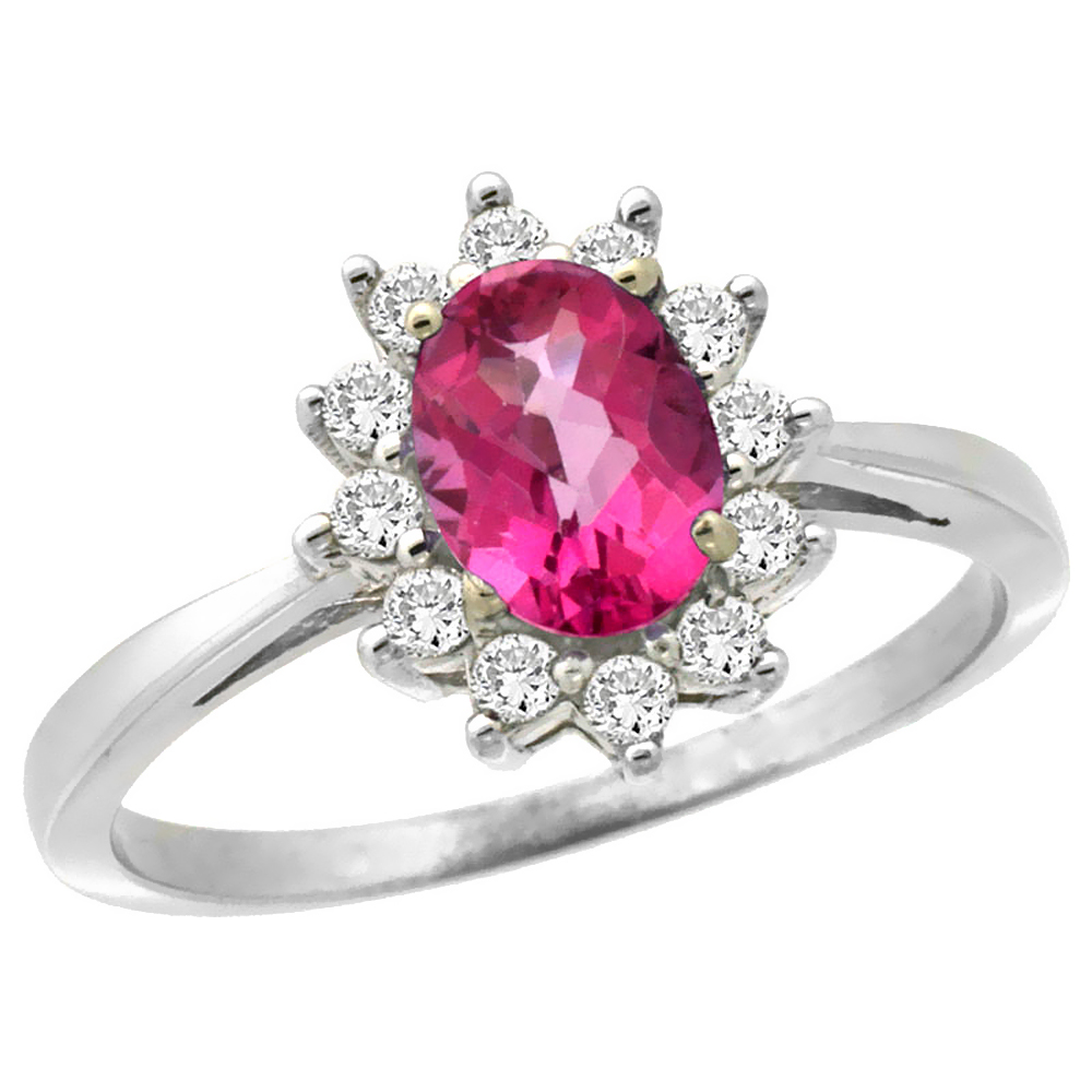 10k White Gold Natural Pink Sapphire Engagement Ring Oval 7x5mm Diamond Halo, sizes 5-10