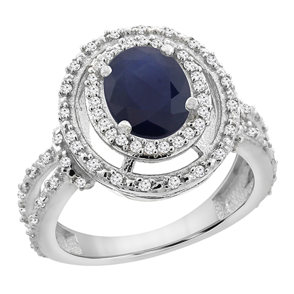 14K White Gold Natural Australian Sapphire Ring Oval 8x6 mm Double Halo Diamond, sizes 5 - 10