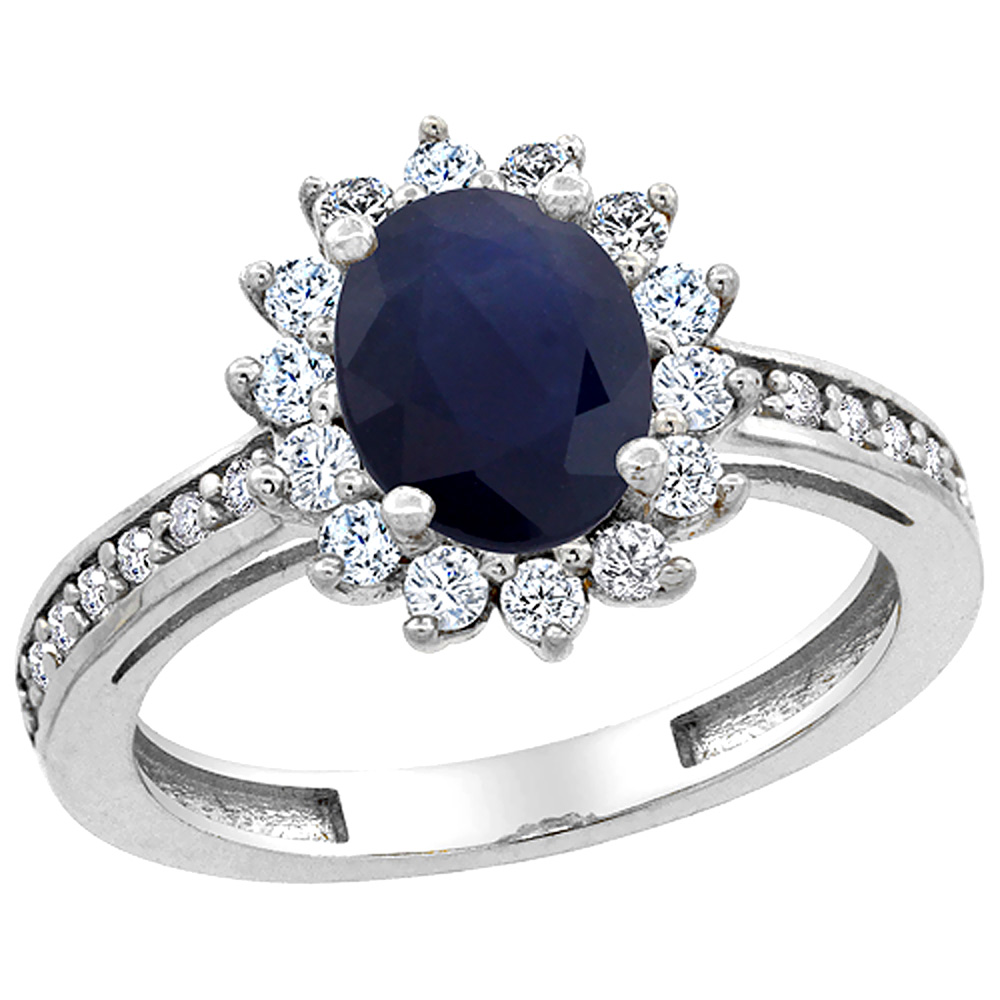 14K White Gold Natural Australian Sapphire Floral Halo Ring Oval 8x6mm Diamond Accents, sizes 5 - 10