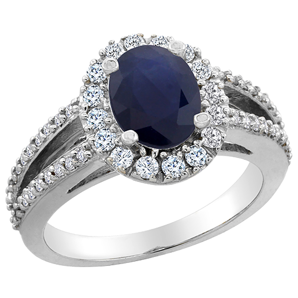 14K White Gold Natural Australian Sapphire Halo Ring Oval 8x6 mm with Diamond Accents, sizes 5 - 10