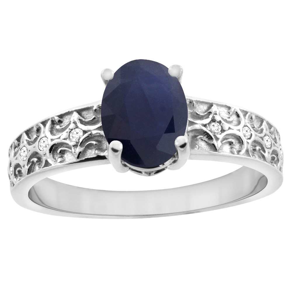 14K White Gold Natural Australian Sapphire Ring Oval 8x6 mm Diamond Accents, sizes 5 - 10