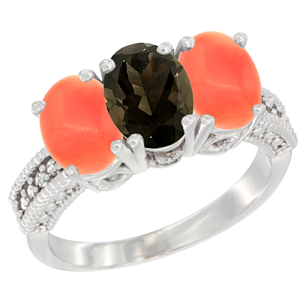 10K White Gold Diamond Natural Smoky Topaz &amp; Coral Ring 3-Stone 7x5 mm Oval, sizes 5 - 10