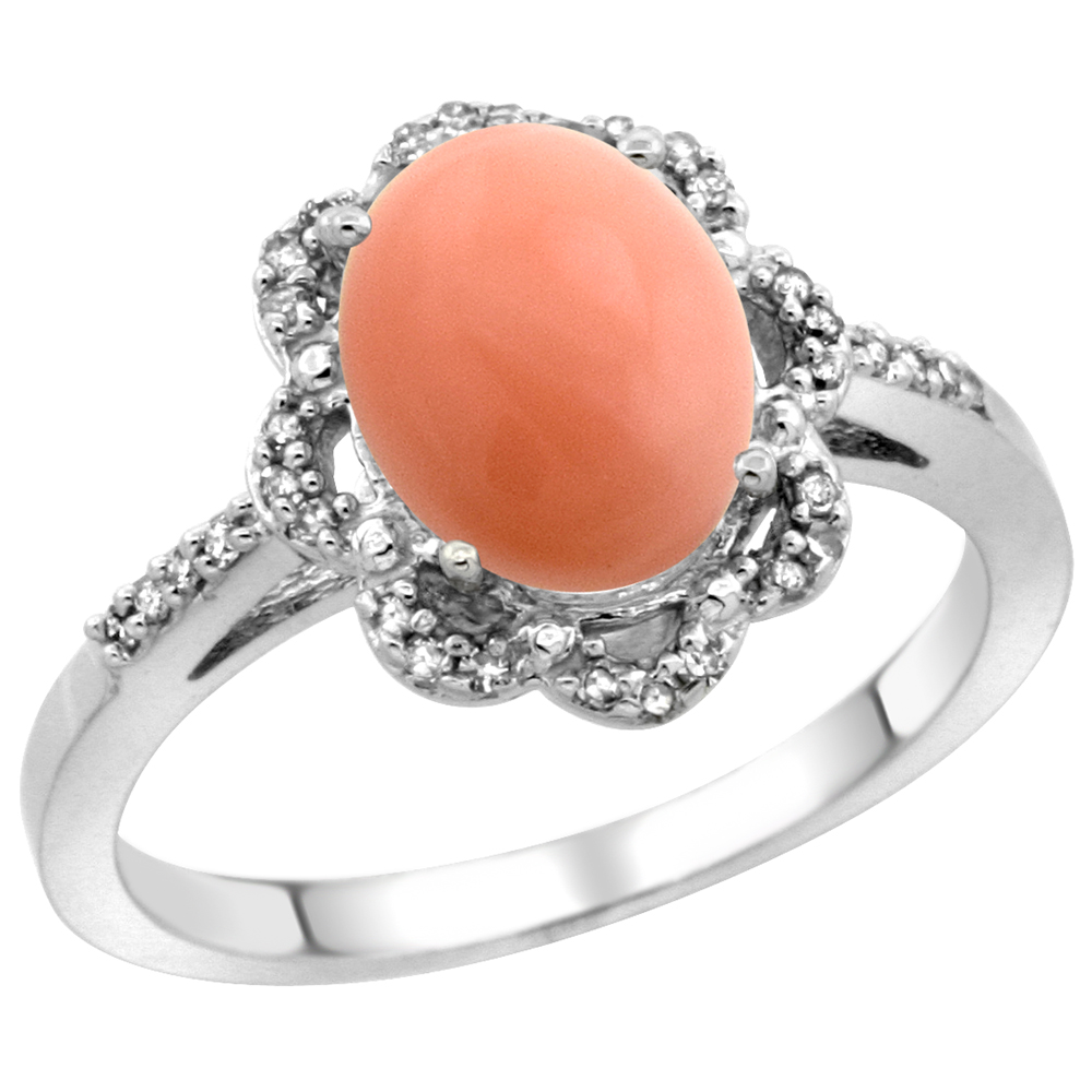 14K White Gold Diamond Halo Natural Coral Engagement Ring Oval 9x7mm, sizes 5-10