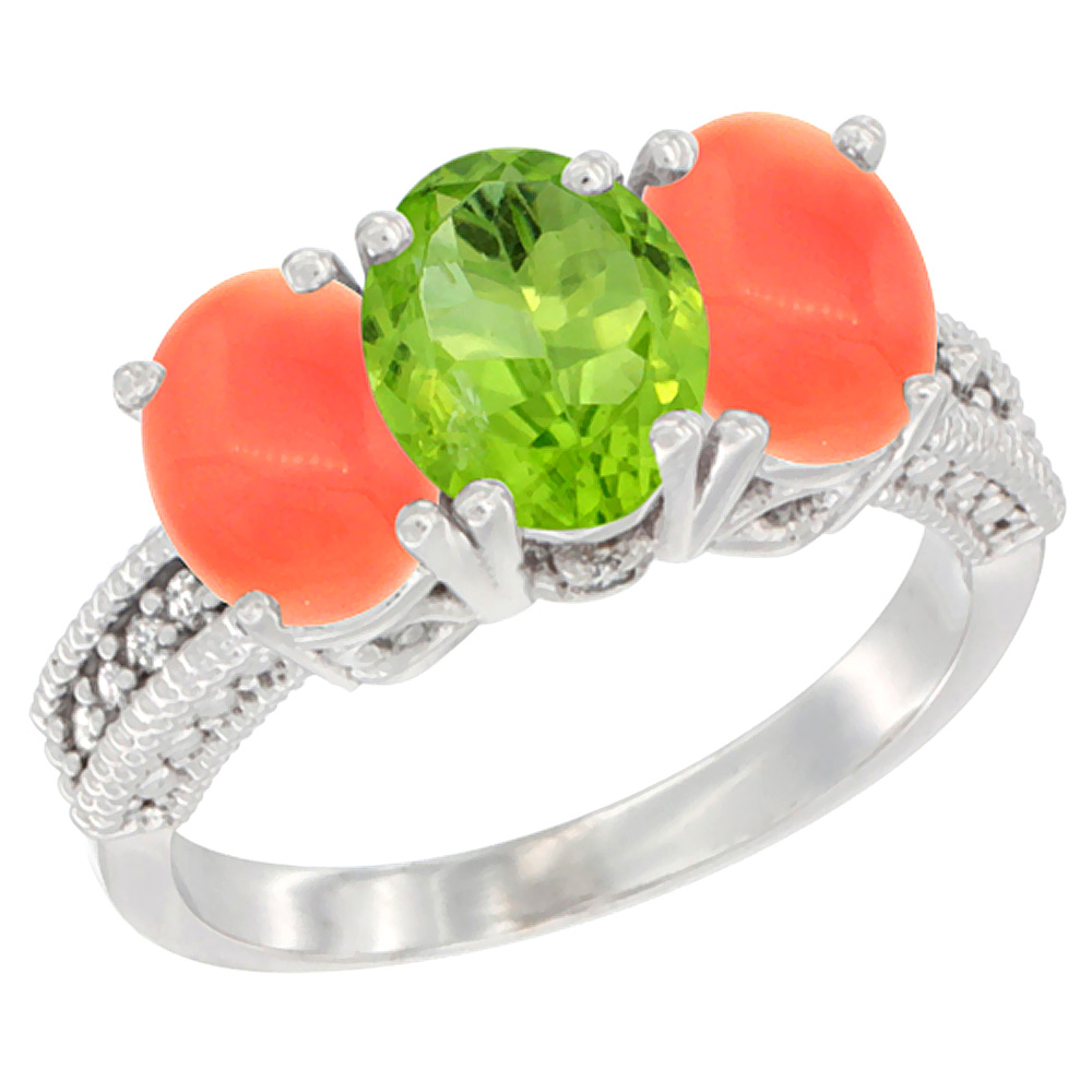 10K White Gold Diamond Natural Peridot & Coral Ring 3-Stone 7x5 mm Oval, sizes 5 - 10