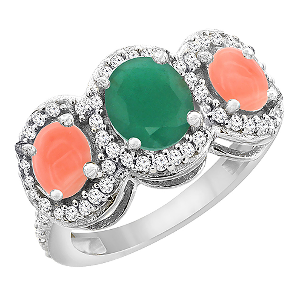 10K White Gold Natural Cabochon Emerald & Coral 3-Stone Ring Oval Diamond Accent, sizes 5 - 10