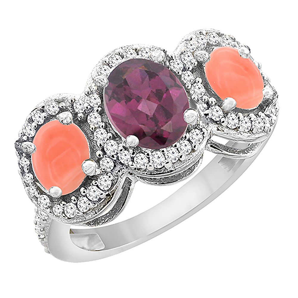 14K White Gold Natural Rhodolite & Coral 3-Stone Ring Oval Diamond Accent, sizes 5 - 10