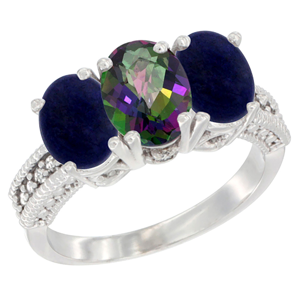 10K White Gold Diamond Natural Mystic Topaz &amp; Lapis Ring 3-Stone 7x5 mm Oval, sizes 5 - 10