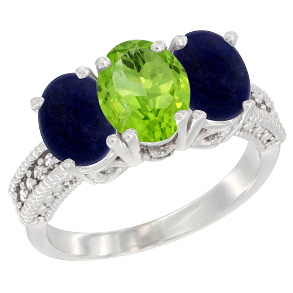 10K White Gold Diamond Natural Peridot &amp; Lapis Ring 3-Stone 7x5 mm Oval, sizes 5 - 10