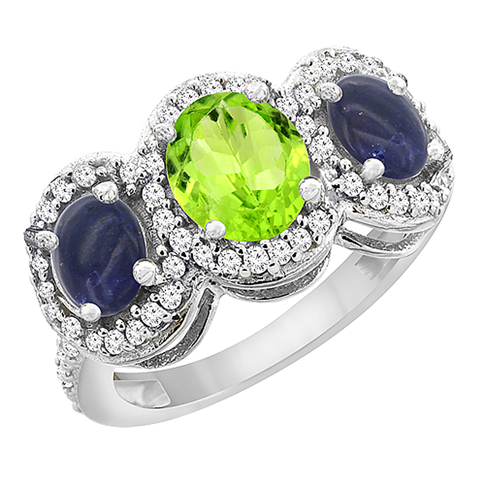 10K White Gold Natural Peridot &amp; Lapis 3-Stone Ring Oval Diamond Accent, sizes 5 - 10