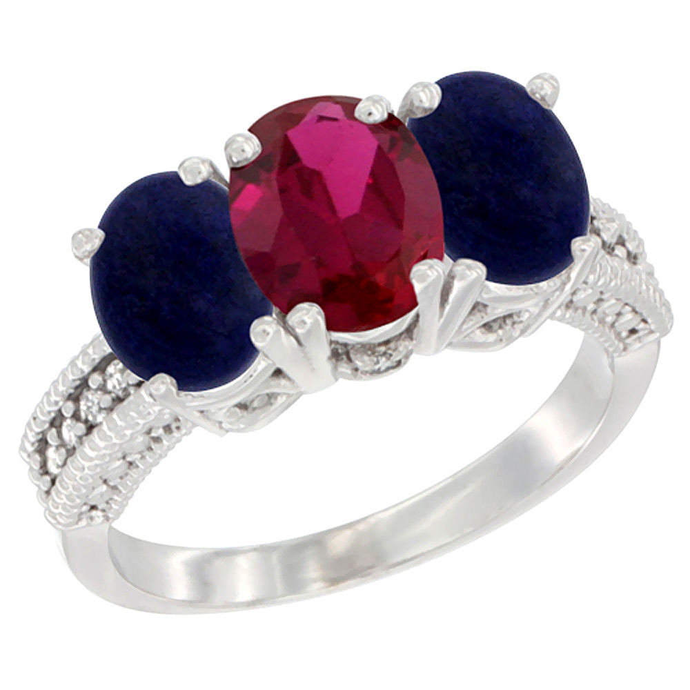 10K White Gold Diamond Enhanced Ruby & Natural Lapis Ring 3-Stone 7x5 mm Oval, sizes 5 - 10