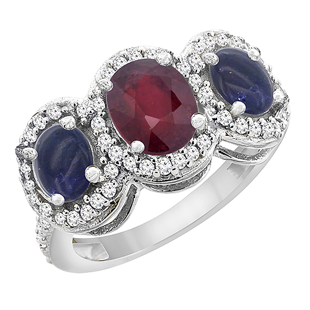 10K White Gold Enhanced Ruby &amp; Lapis 3-Stone Ring Oval Diamond Accent, sizes 5 - 10