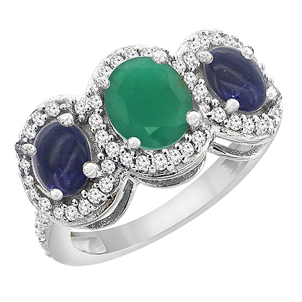10K White Gold Natural Cabochon Emerald & Lapis 3-Stone Ring Oval Diamond Accent, sizes 5 - 10