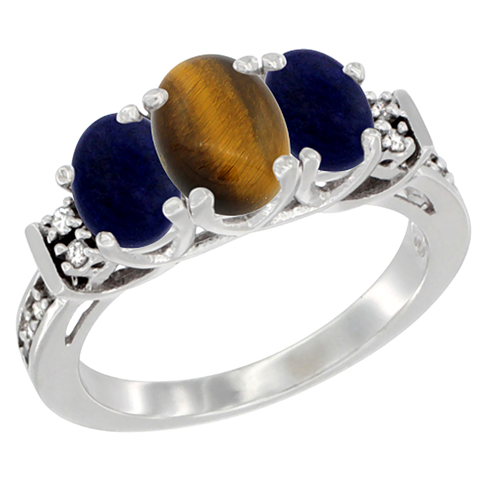 14K White Gold Natural Tiger Eye & Lapis Ring 3-Stone Oval Diamond Accent, sizes 5-10