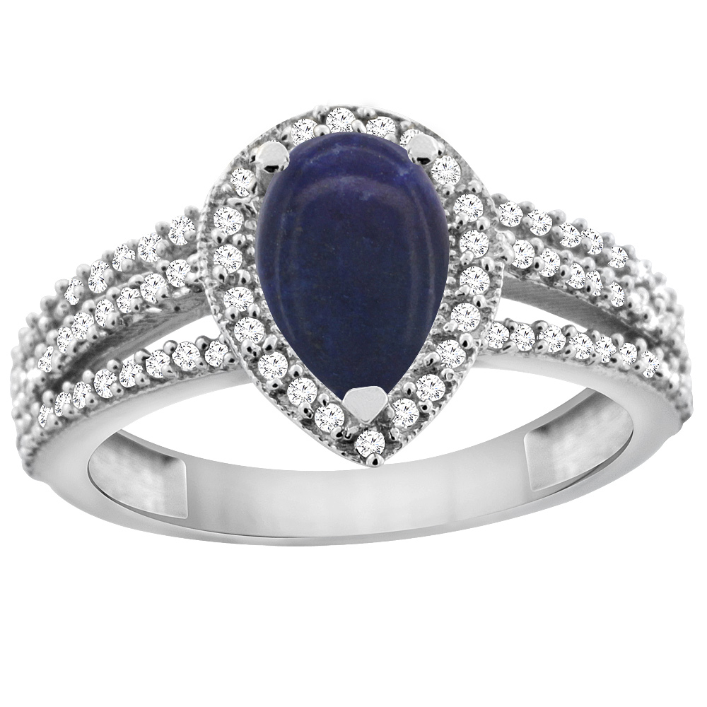 10K White Gold Natural Lapis Ring 9x7 Pear Halo Diamond, sizes 5 - 10