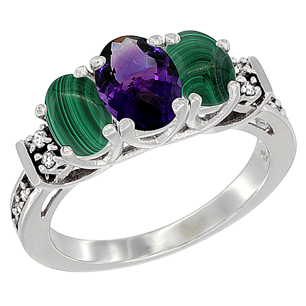 10K White Gold Natural Amethyst & Malachite Ring 3-Stone Oval Diamond Accent, sizes 5-10