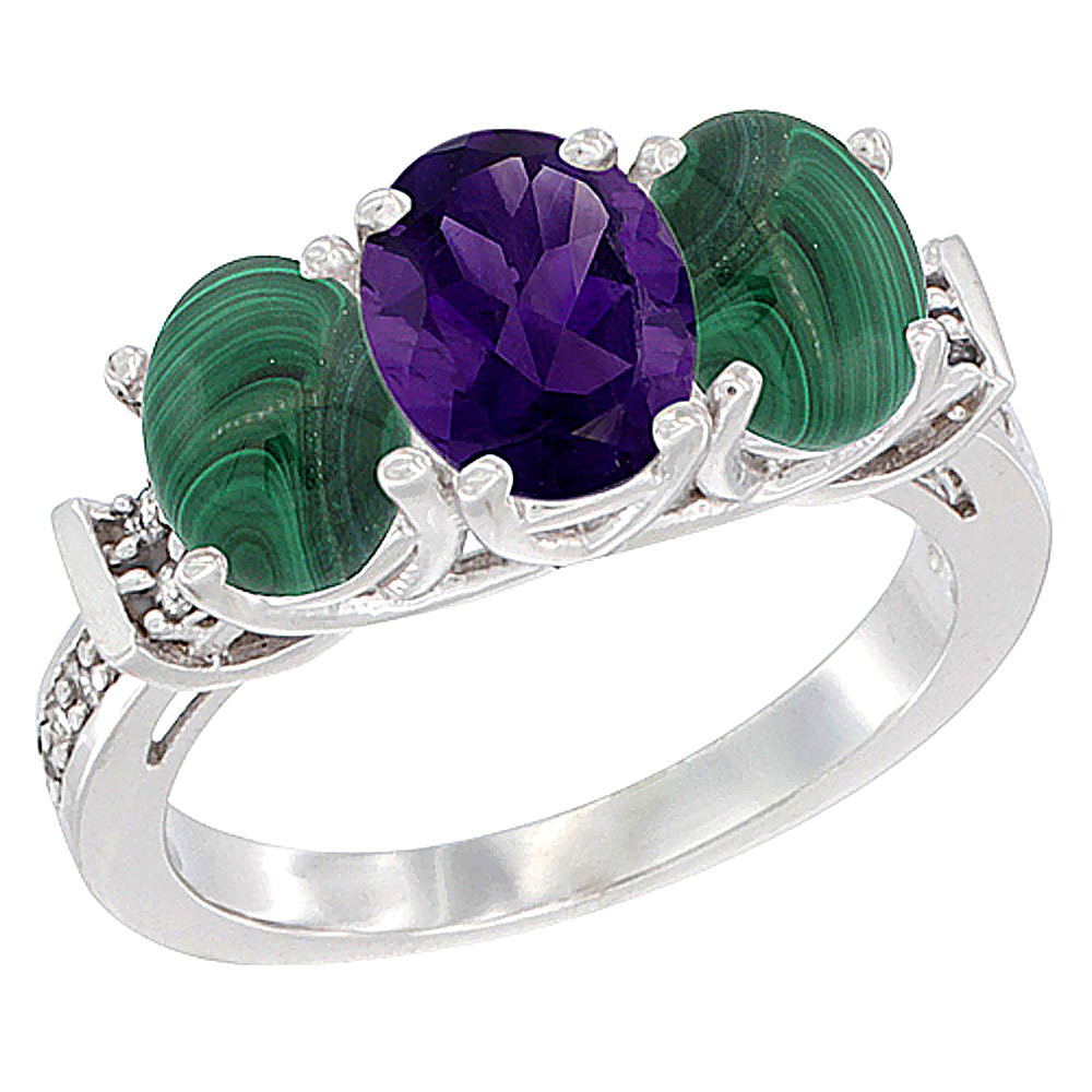 10K White Gold Natural Amethyst &amp; Malachite Sides Ring 3-Stone Oval Diamond Accent, sizes 5 - 10