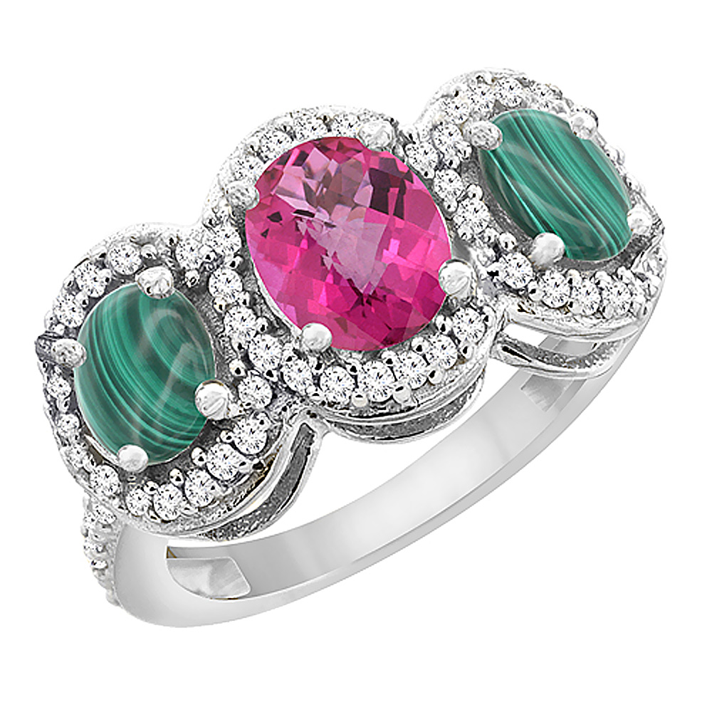 10K White Gold Natural Pink Sapphire & Malachite 3-Stone Ring Oval Diamond Accent, sizes 5 - 10