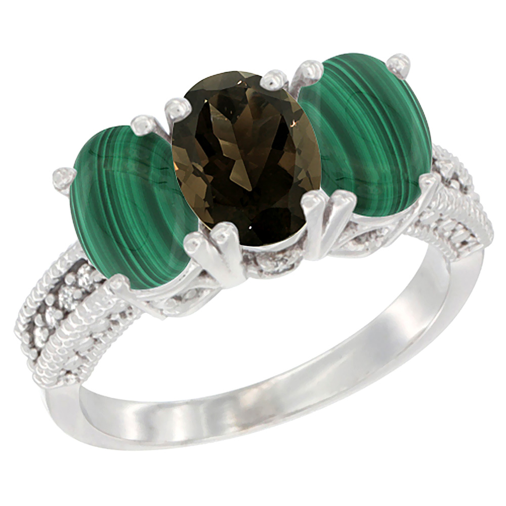 10K White Gold Diamond Natural Smoky Topaz & Malachite Ring 3-Stone 7x5 mm Oval, sizes 5 - 10