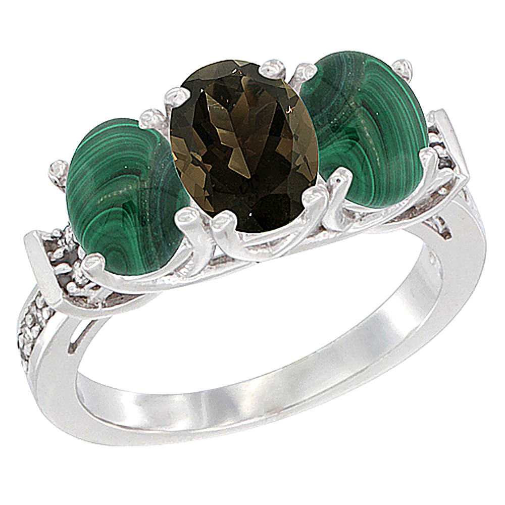 10K White Gold Natural Smoky Topaz & Malachite Sides Ring 3-Stone Oval Diamond Accent, sizes 5 - 10