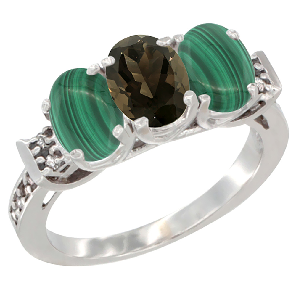 10K White Gold Natural Smoky Topaz & Malachite Sides Ring 3-Stone Oval 7x5 mm Diamond Accent, sizes 5 - 10