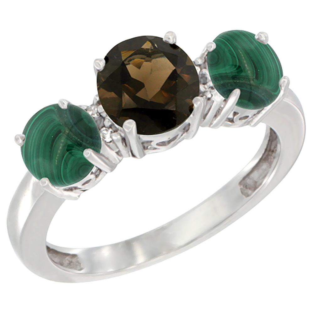 14K White Gold Round 3-Stone Natural Smoky Topaz Ring & Malachite Sides Diamond Accent, sizes 5 - 10