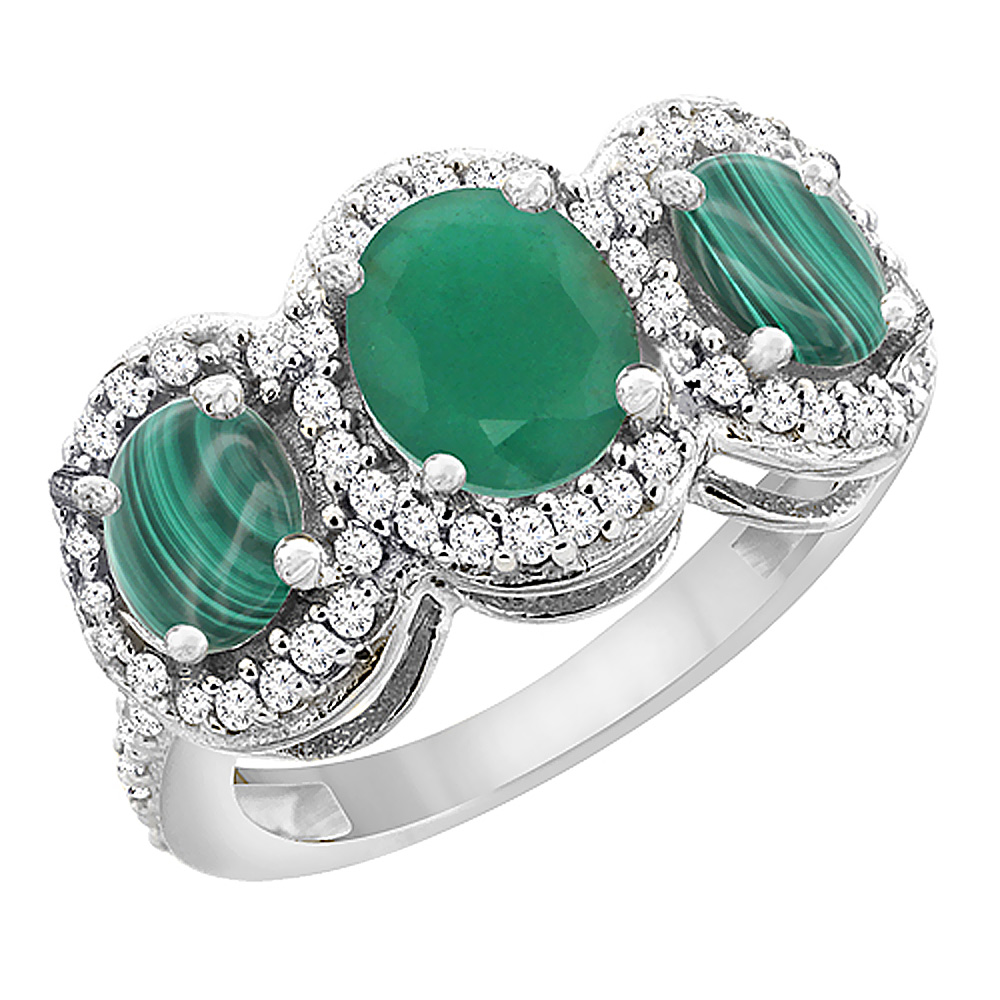 10K White Gold Natural Cabochon Emerald & Malachite 3-Stone Ring Oval Diamond Accent, sizes 5 - 10