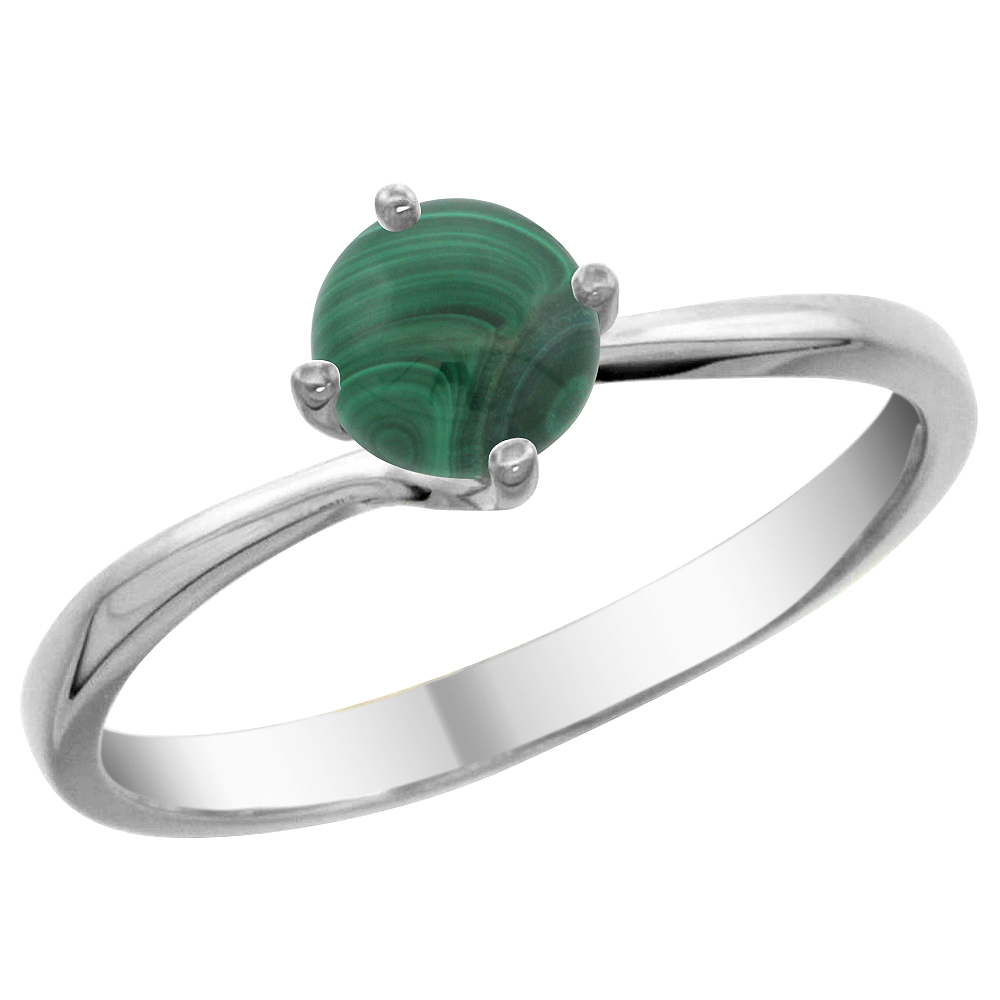 14K White Gold Natural Malachite Solitaire Ring Round 6mm, sizes 5 - 10