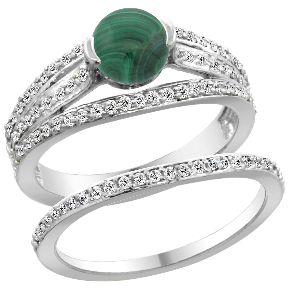 14K White Gold Natural Malachite 2-piece Engagement Ring Set Round 6mm, sizes 5 - 10