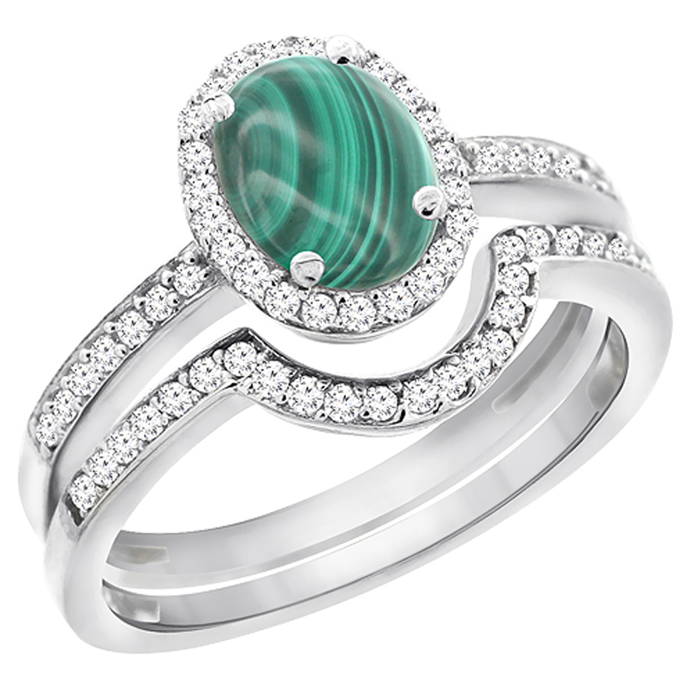 10K Yellow Gold Diamond Natural Malachite 2-Pc. Engagement Ring Set Oval 8x6 mm, sizes 5 - 10