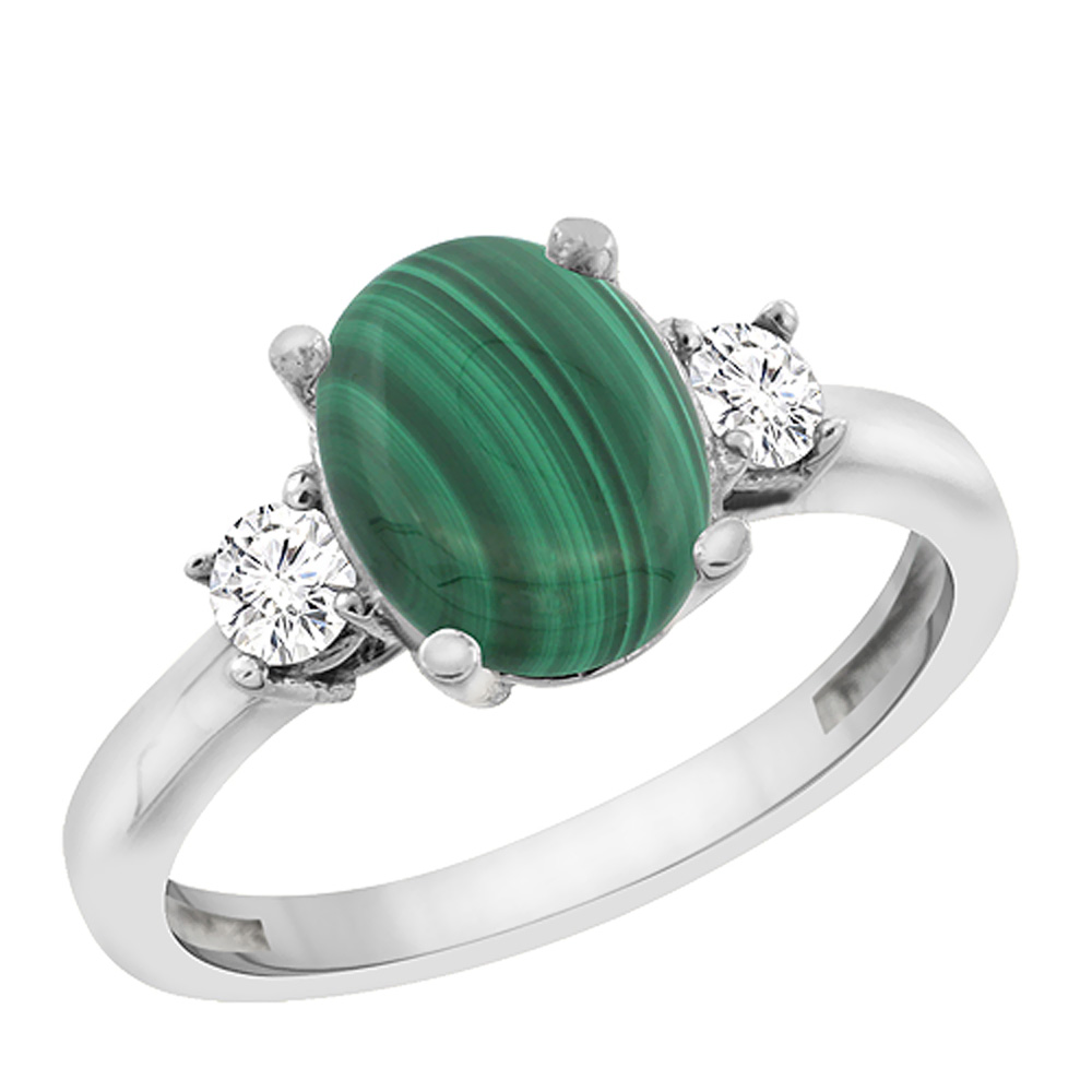 10K White Gold Natural Malachite Engagement Ring Oval 10x8 mm Diamond Sides, sizes 5 - 10