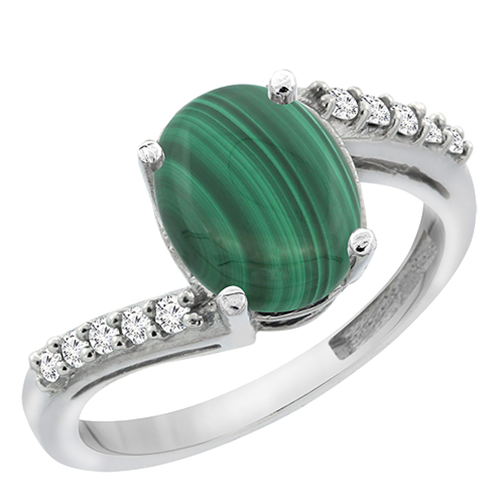 10K White Gold Diamond Natural Malachite Engagement Ring Oval 10x8mm, sizes 5-10