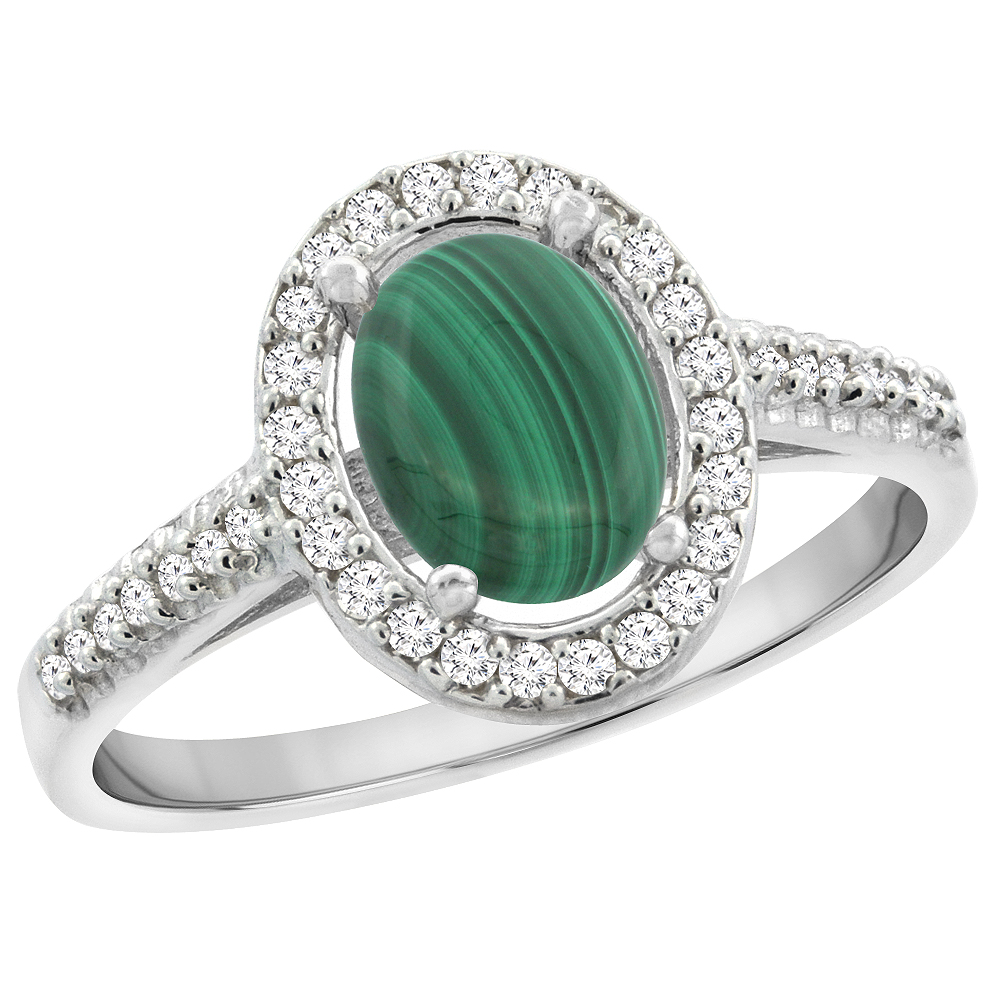 10K White Gold Natural Malachite Engagement Ring Oval 7x5 mm Diamond Halo, sizes 5 - 10