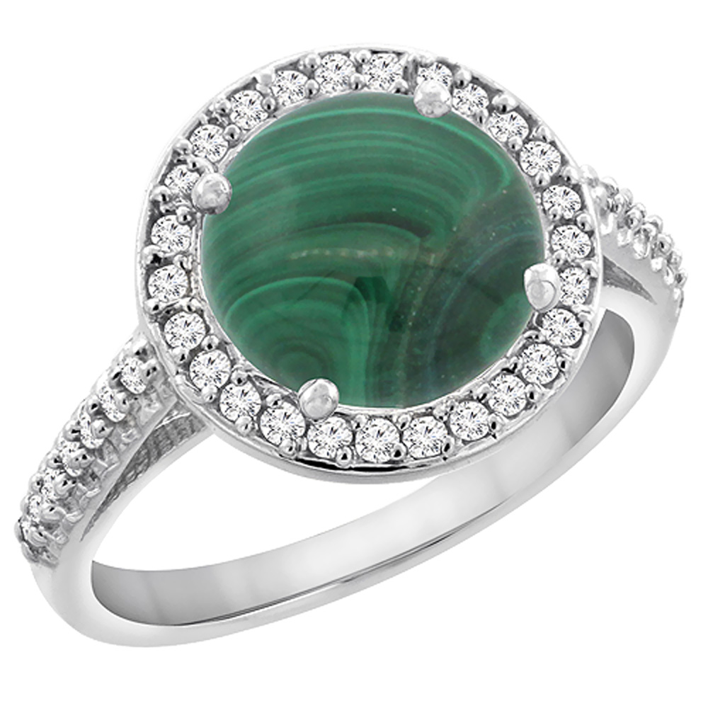 10K White Gold Natural Malachite Ring Round 8mm Diamond Halo, sizes 5 to 10