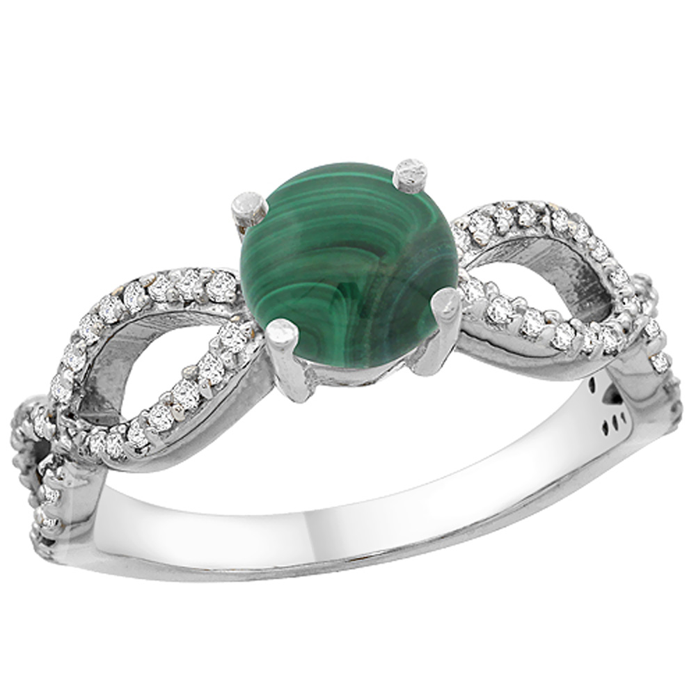 10K White Gold Natural Malachite Ring Round 6mm Infinity Diamond Accents, sizes 5 - 10