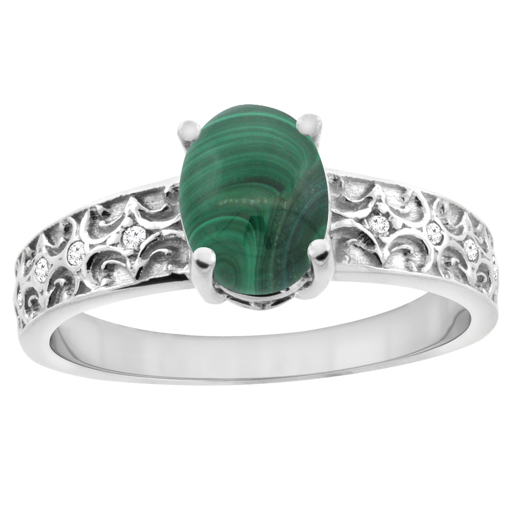 10K White Gold Natural Malachite Ring Oval 8x6 mm Diamond Accents, sizes 5 - 10