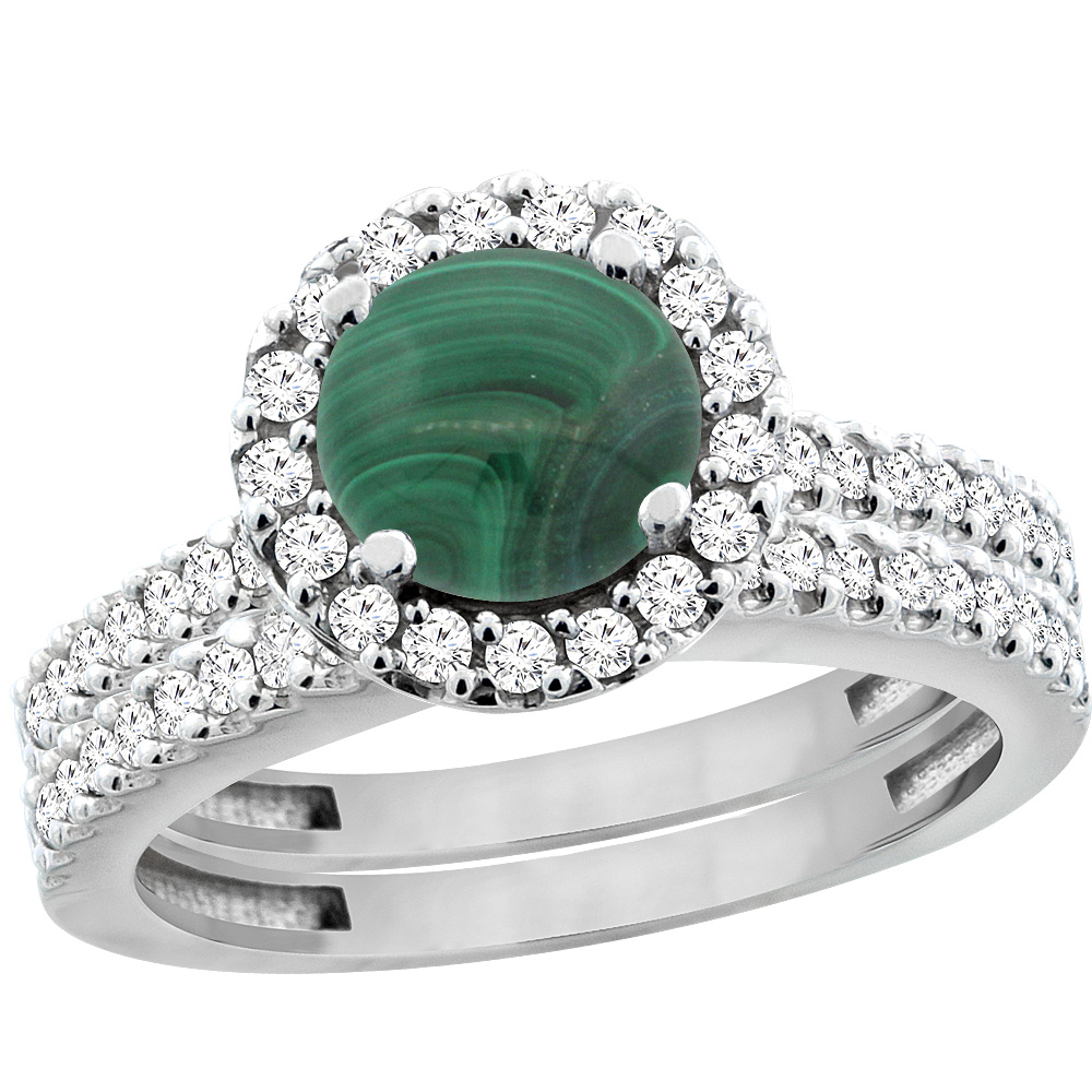 10K White Gold Natural Malachite Round 6mm 2-Piece Engagement Ring Set Floating Halo Diamond, sizes 5 - 10