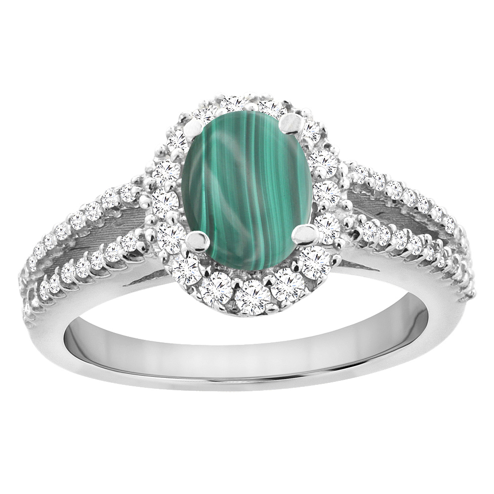 10K White Gold Natural Malachite Split Shank Halo Engagement Ring Oval 7x5 mm, sizes 5 - 10