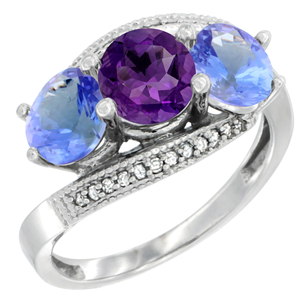 10K White Gold Natural Amethyst &amp; Tanzanite Sides 3 stone Ring Round 6mm Diamond Accent, sizes 5 - 10