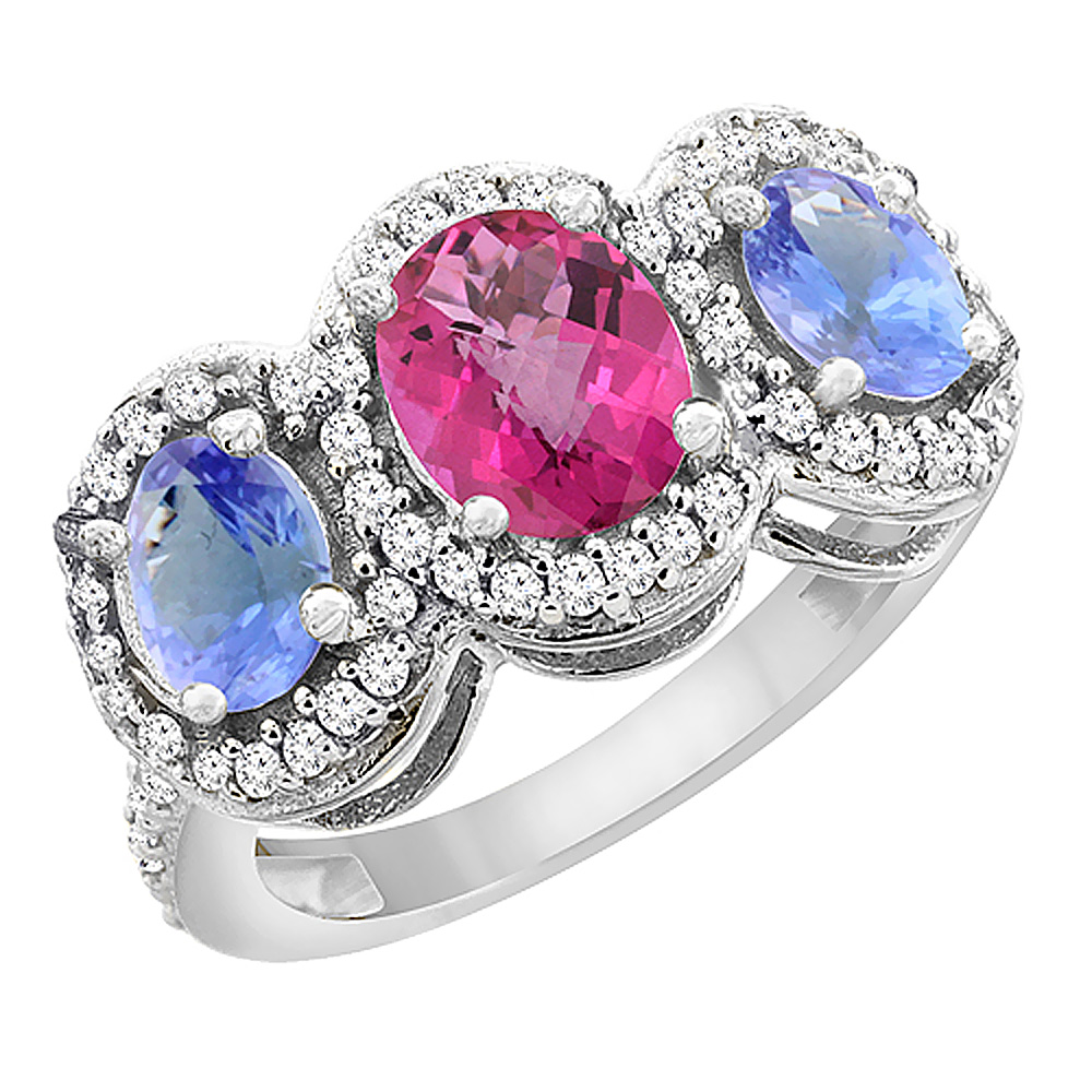 10K White Gold Natural Pink Sapphire & Tanzanite 3-Stone Ring Oval Diamond Accent, sizes 5 - 10