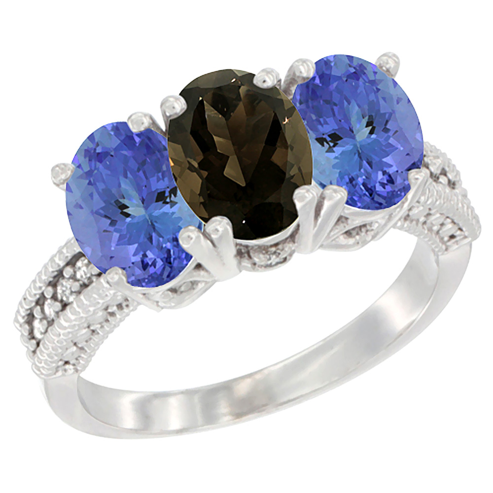 10K White Gold Diamond Natural Smoky Topaz & Tanzanite Ring 3-Stone 7x5 mm Oval, sizes 5 - 10