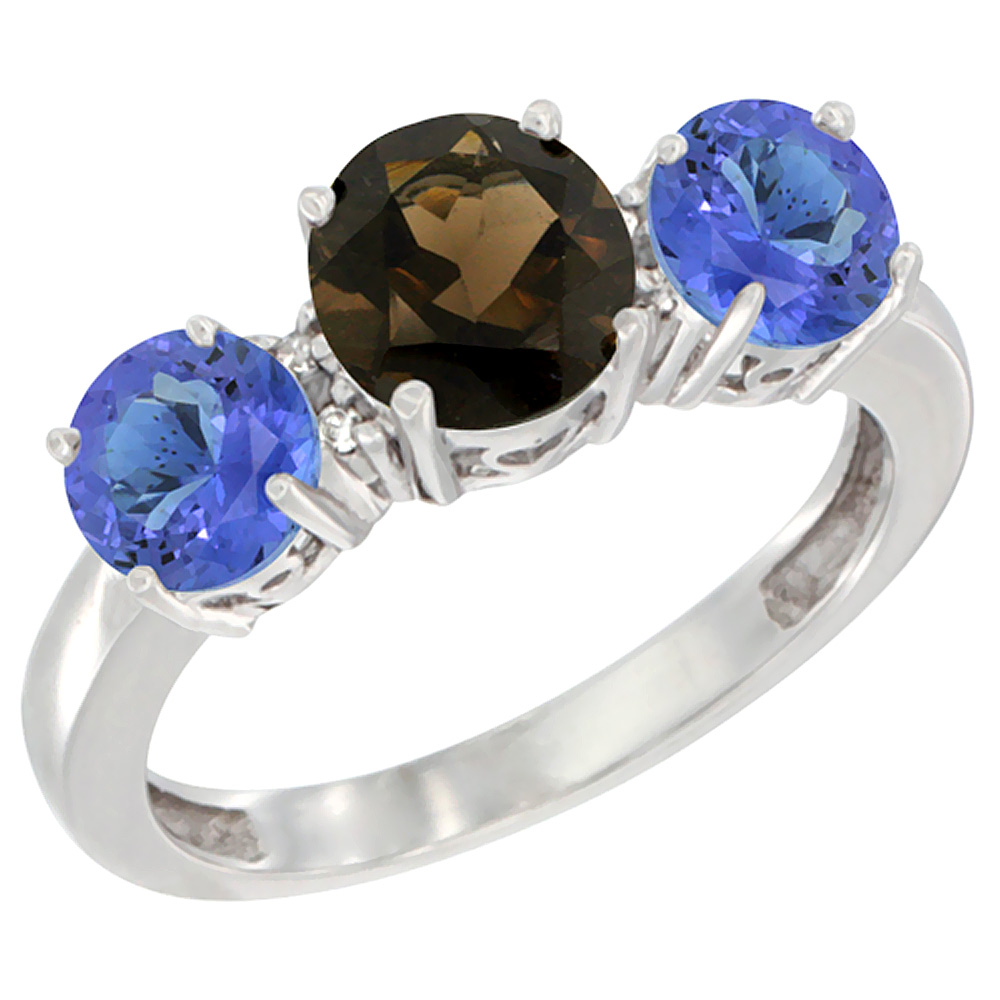 14K White Gold Round 3-Stone Natural Smoky Topaz Ring & Tanzanite Sides Diamond Accent, sizes 5 - 10