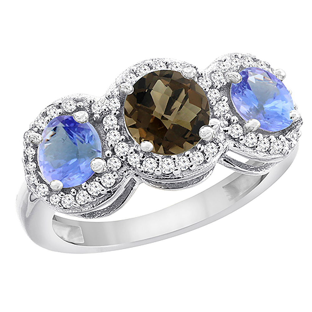 10K White Gold Natural Smoky Topaz & Tanzanite Sides Round 3-stone Ring Diamond Accents, sizes 5 - 10