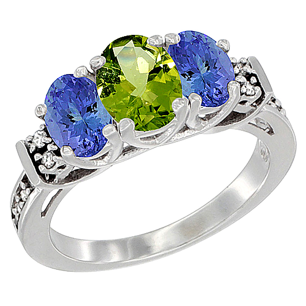 10K White Gold Natural Peridot &amp; Tanzanite Ring 3-Stone Oval Diamond Accent, sizes 5-10